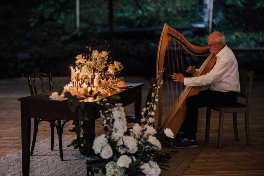 Ein Hochzeitsgast spielt ein Lied auf seiner Harfe. 